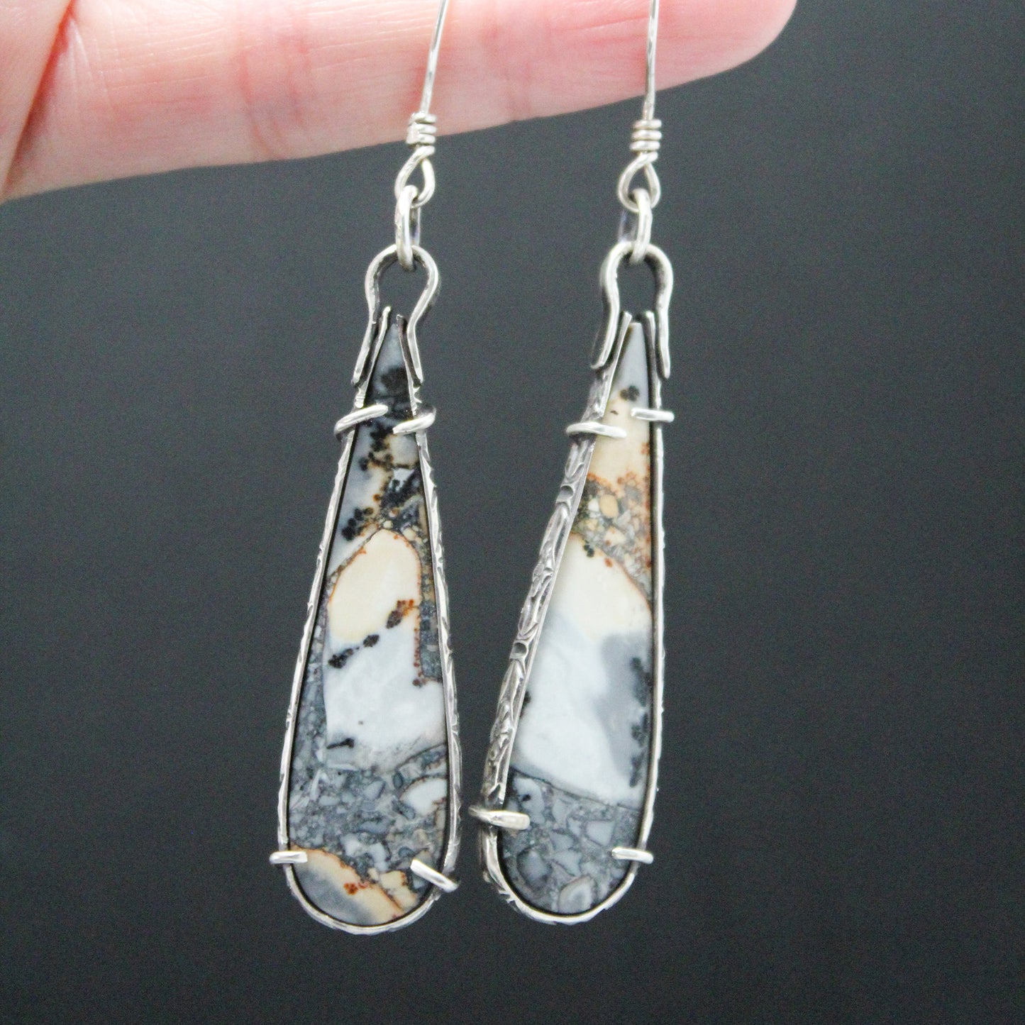 Maligano Jasper Oval Drop Sterling Silver Designer Cut Pronged Earring Pair with Patina