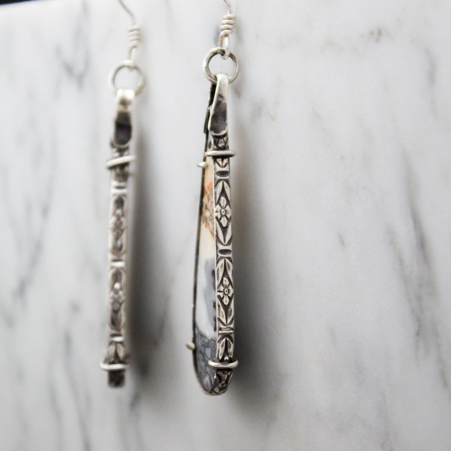 Maligano Jasper Oval Drop Sterling Silver Designer Cut Pronged Earring Pair with Patina