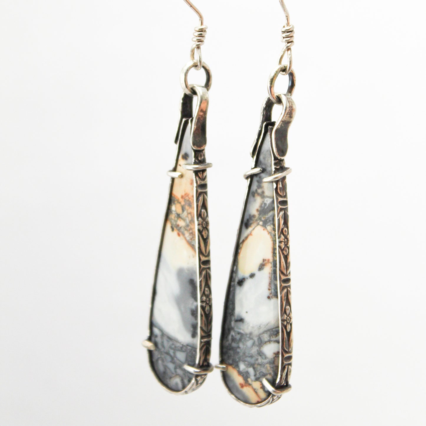 Maligano Jasper Oval Drop Sterling Silver Designer Cut Pronged Earring Pair with Patina