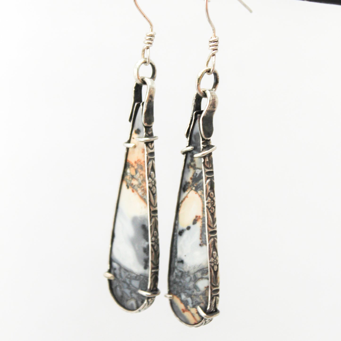 Maligano Jasper Oval Drop Sterling Silver Designer Cut Pronged Earring Pair with Patina
