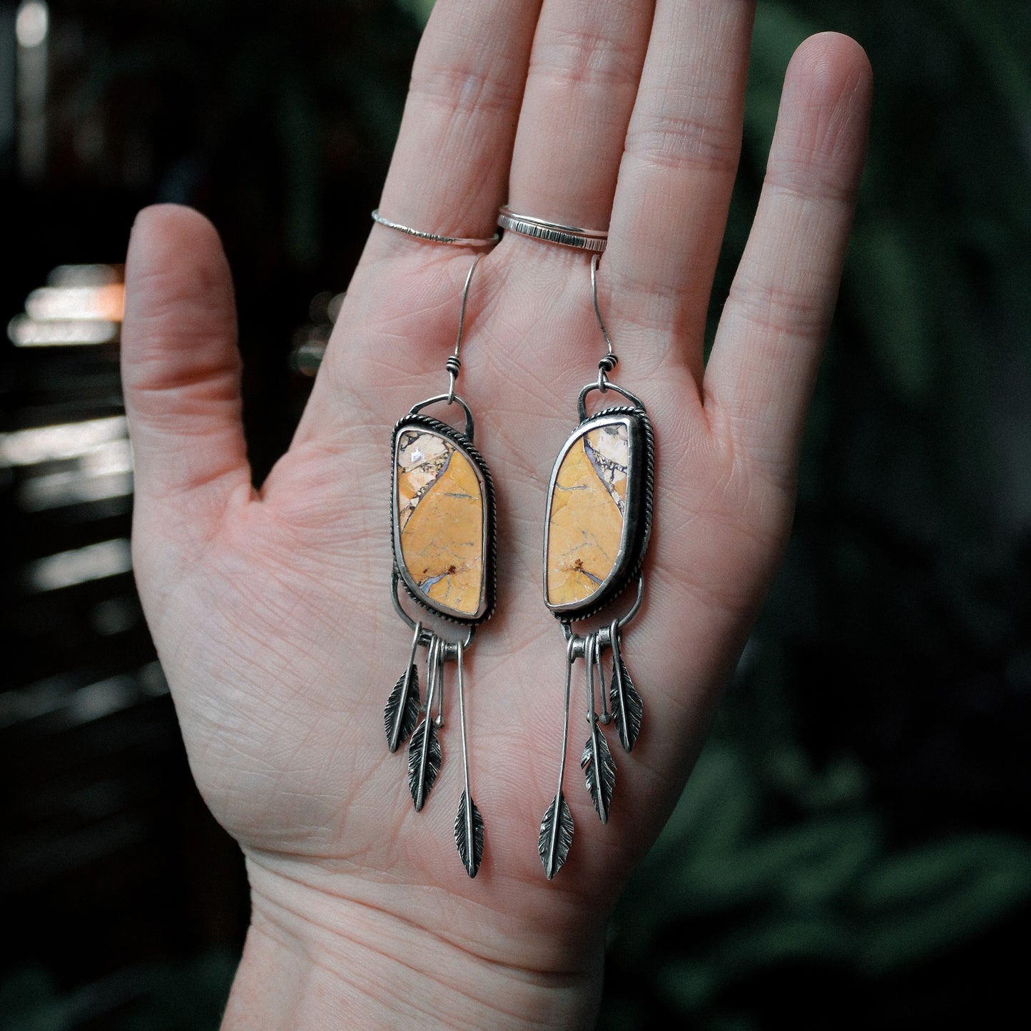 Maligano Jasper Narrow ‘S’ Drop Sterling Silver Feather Fringe Earring Pair with Patina