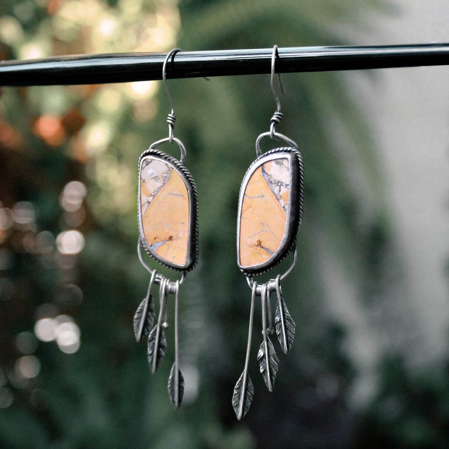 Maligano Jasper Narrow ‘S’ Drop Sterling Silver Feather Fringe Earring Pair with Patina