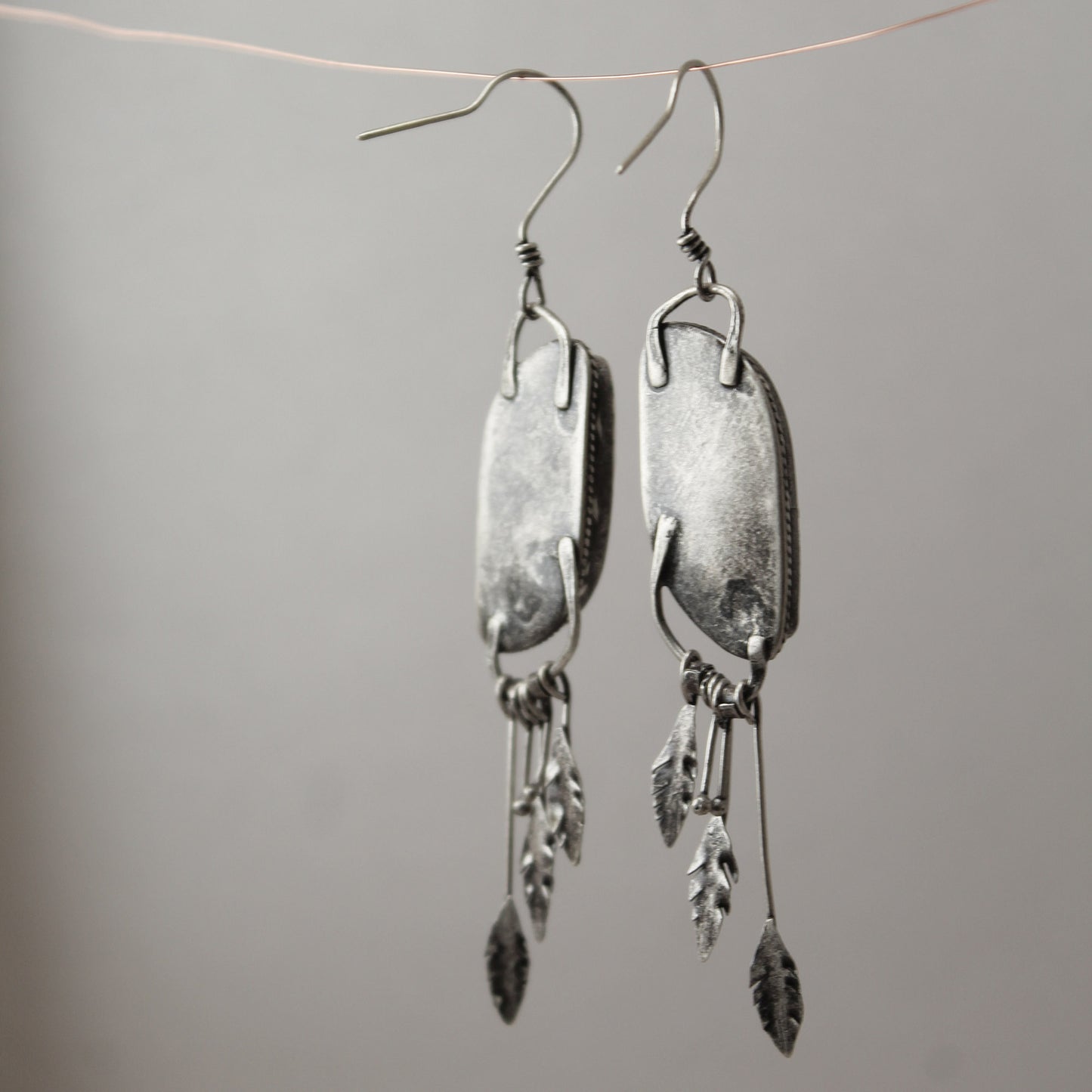 Maligano Jasper Narrow ‘S’ Drop Sterling Silver Feather Fringe Earring Pair with Patina