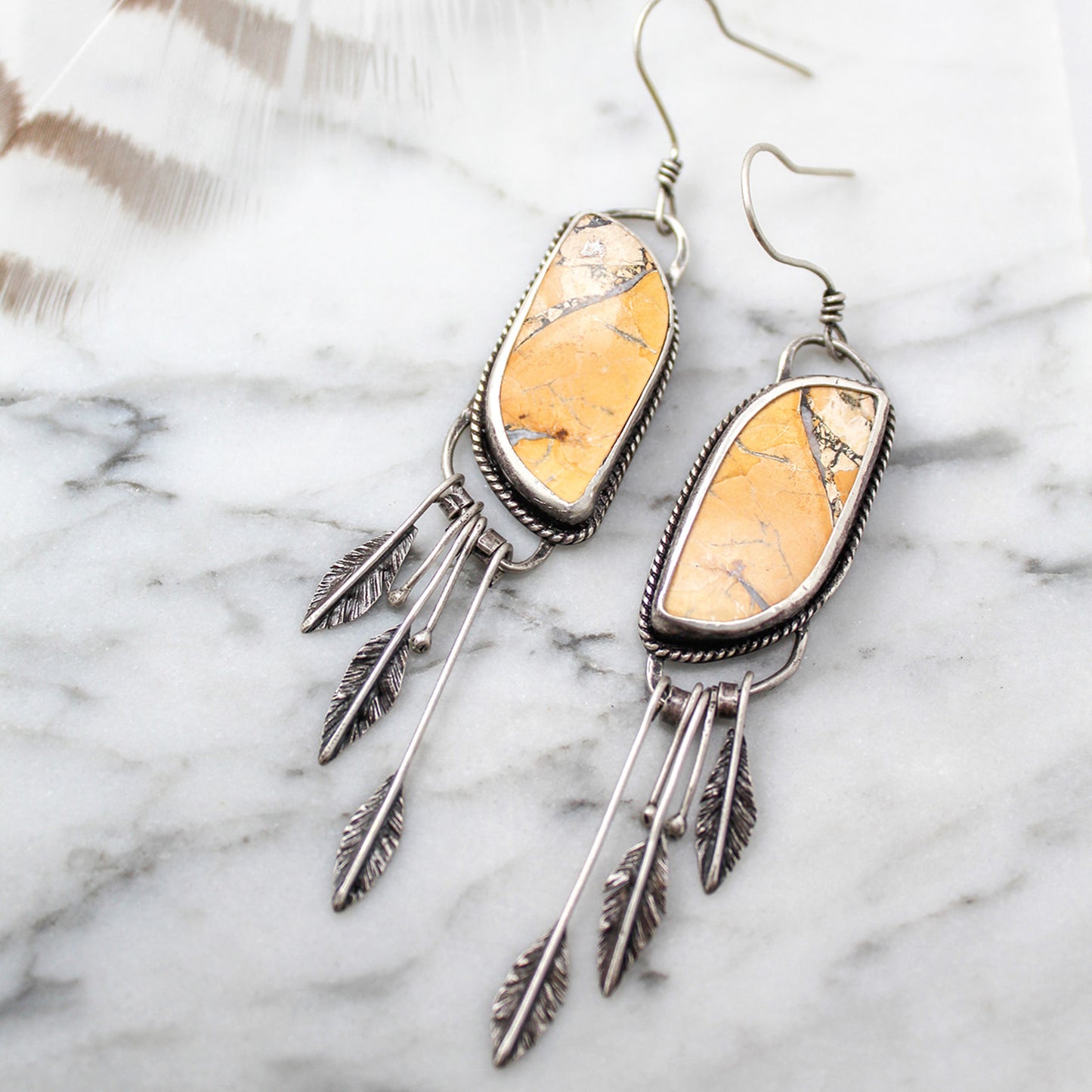 Maligano Jasper Narrow ‘S’ Drop Sterling Silver Feather Fringe Earring Pair with Patina