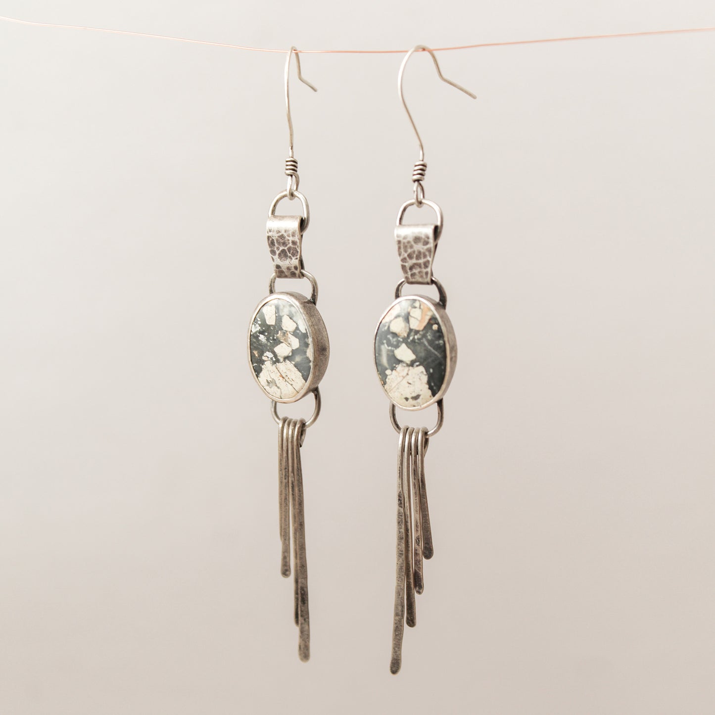 Maligano Jasper Oval Hammered Sterling Silver Blade Fringe Crème Earring Pair with Patina