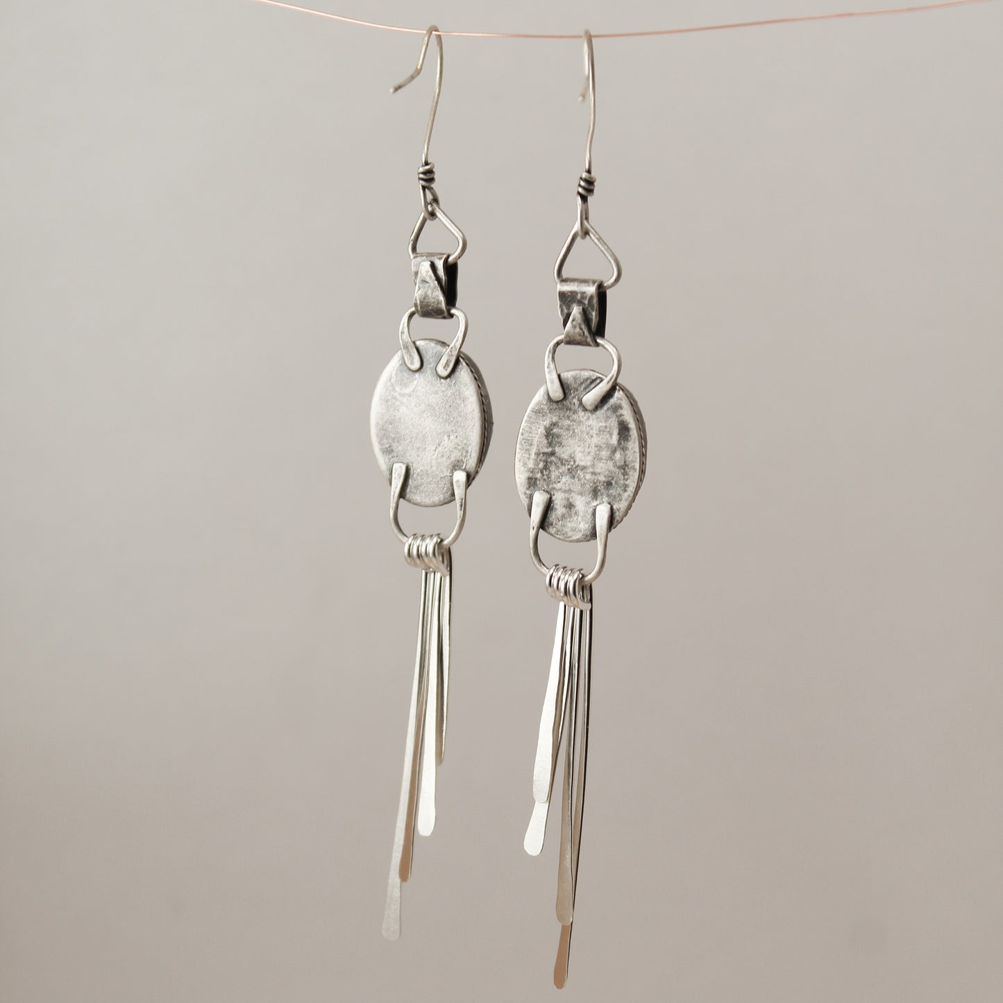 Maligano Jasper Oval Hammered Sterling Silver Blade Fringe Crème Earring Pair with Patina