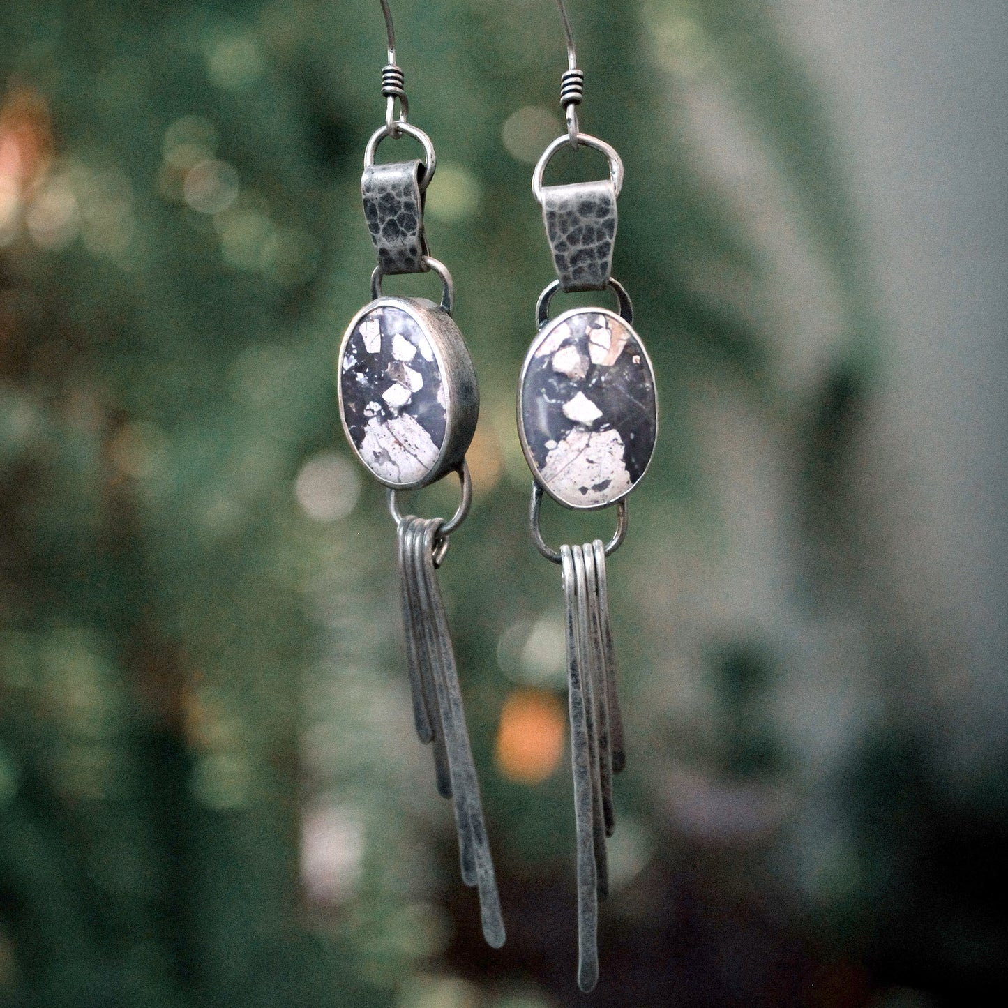 Maligano Jasper Oval Hammered Sterling Silver Blade Fringe Crème Earring Pair with Patina