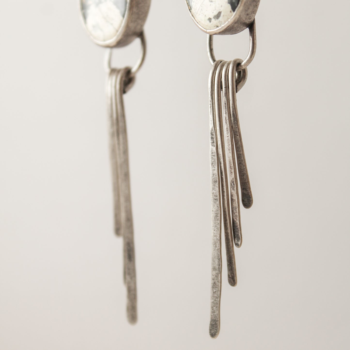 Maligano Jasper Oval Hammered Sterling Silver Blade Fringe Crème Earring Pair with Patina