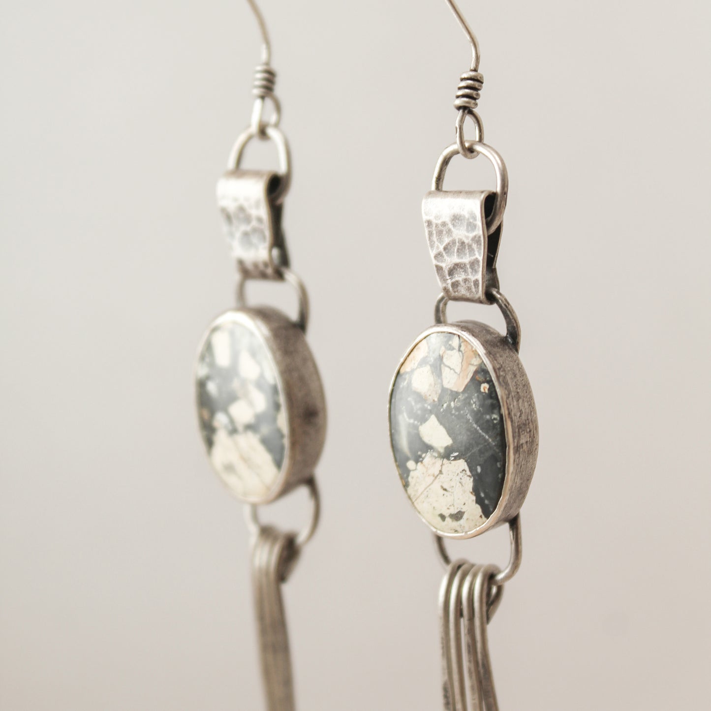 Maligano Jasper Oval Hammered Sterling Silver Blade Fringe Crème Earring Pair with Patina