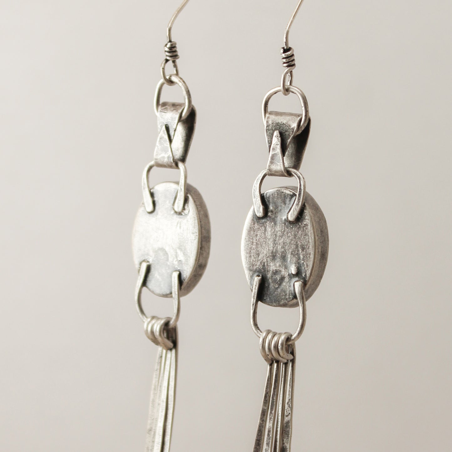 Maligano Jasper Oval Hammered Sterling Silver Blade Fringe Crème Earring Pair with Patina