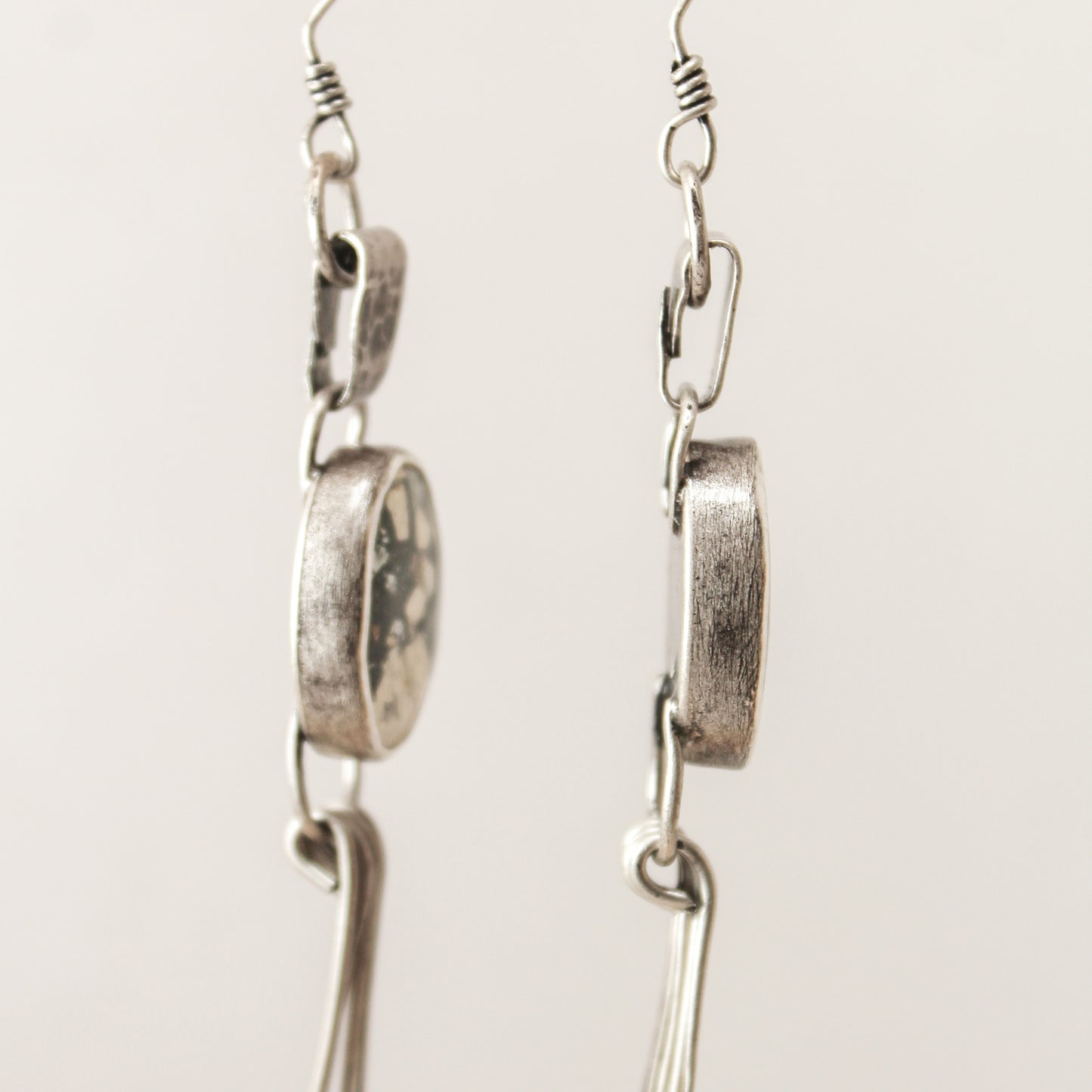 Maligano Jasper Oval Hammered Sterling Silver Blade Fringe Crème Earring Pair with Patina