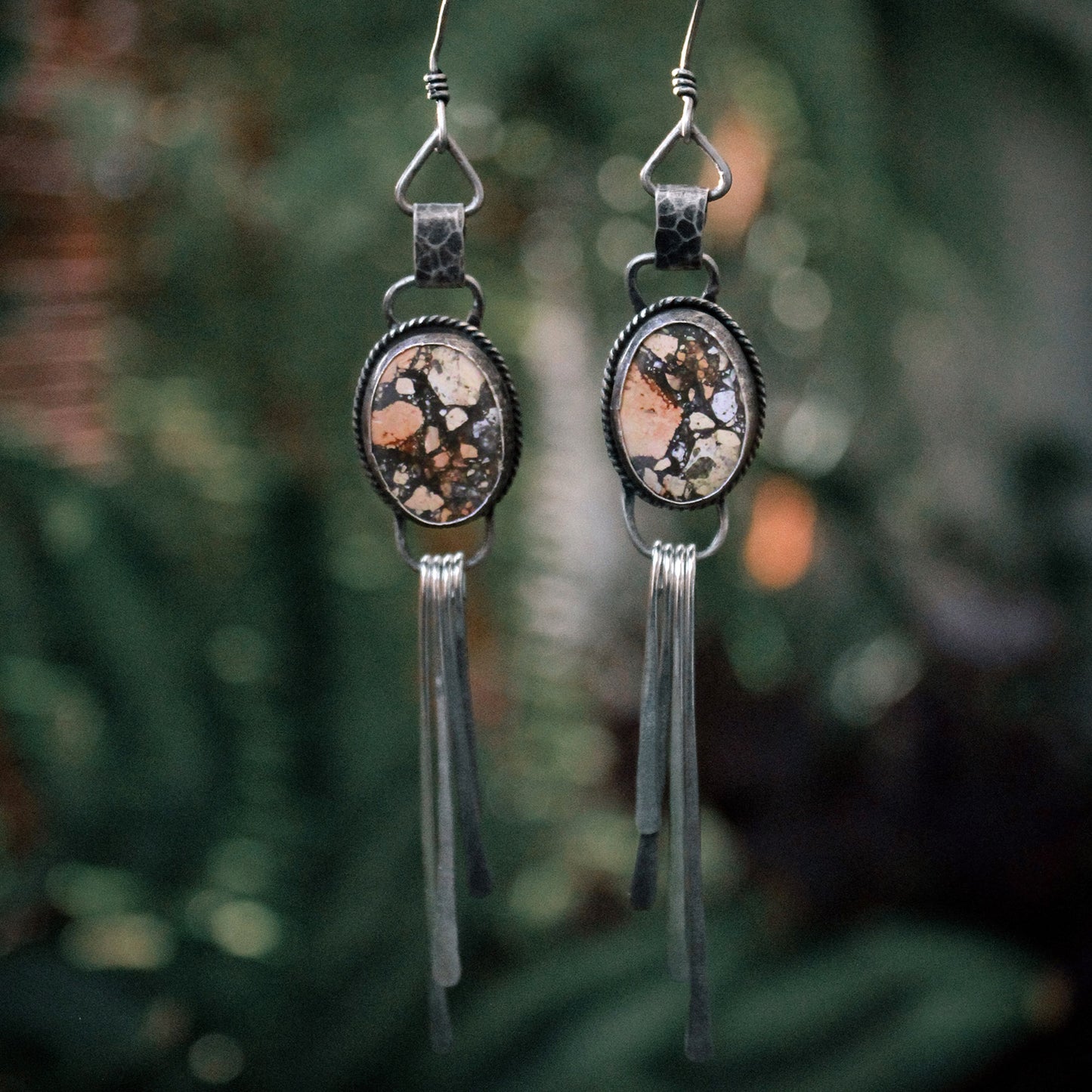 Maligano Jasper Oval Hammered Sterling Silver Blade Fringe Peach Earring Pair with Patina