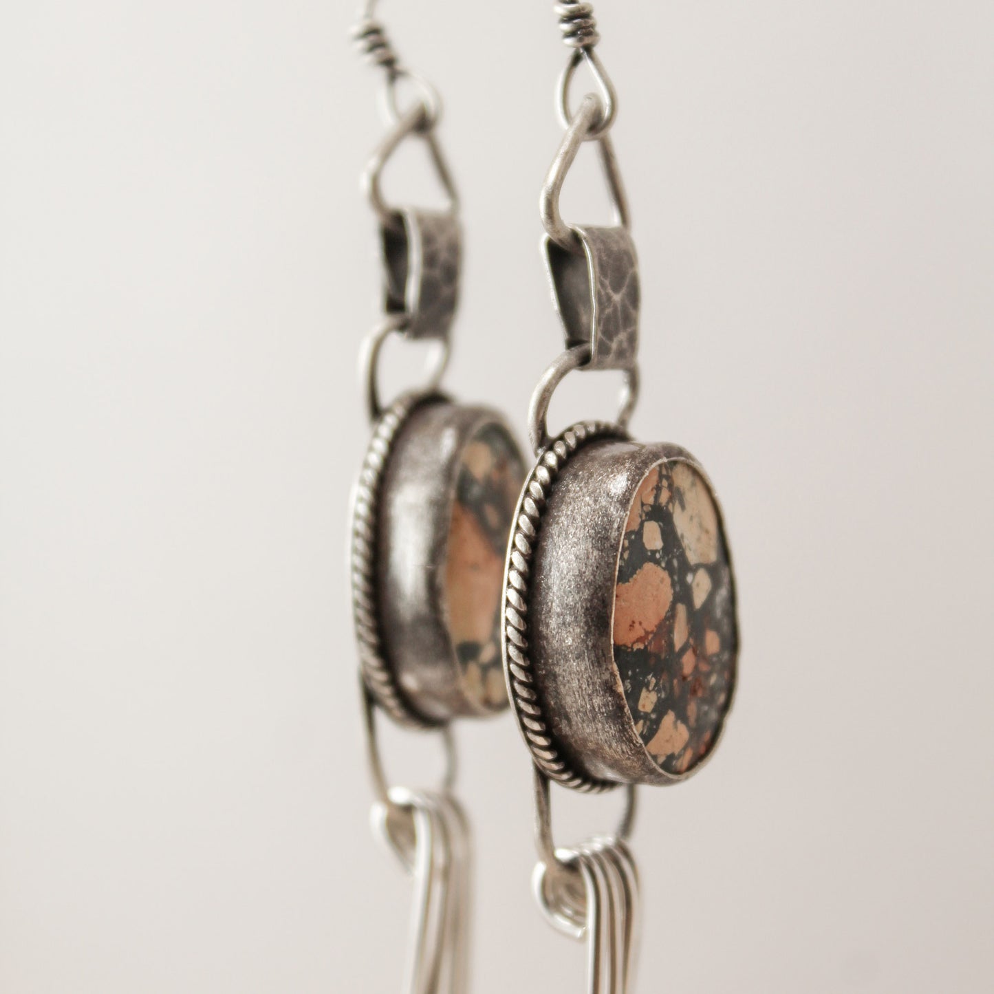 Maligano Jasper Oval Hammered Sterling Silver Blade Fringe Peach Earring Pair with Patina