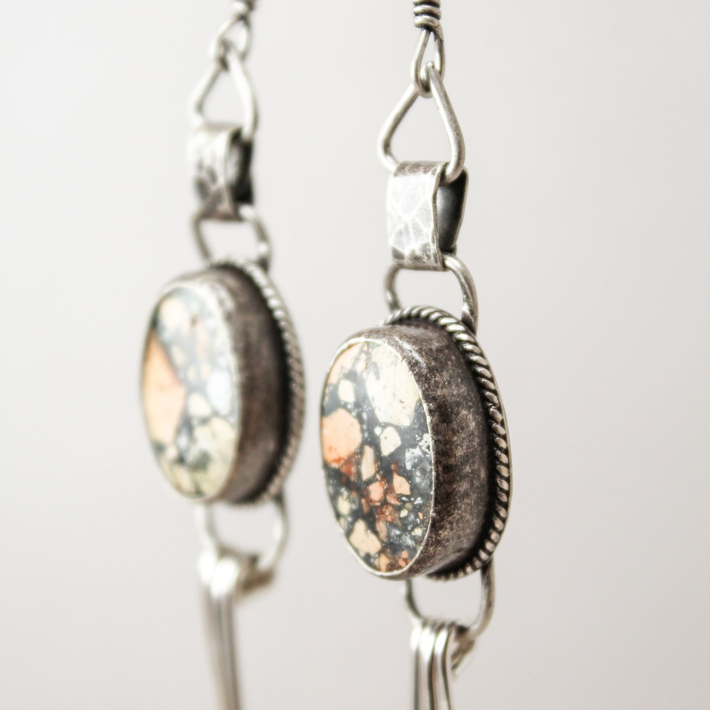 Maligano Jasper Oval Hammered Sterling Silver Blade Fringe Peach Earring Pair with Patina