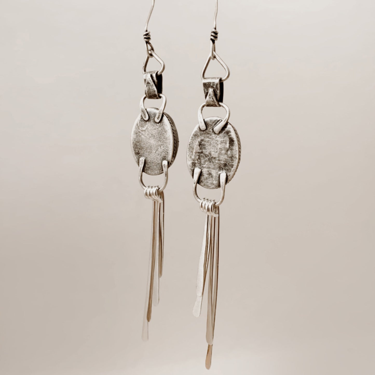 Maligano Jasper Oval Hammered Sterling Silver Blade Fringe Peach Earring Pair with Patina