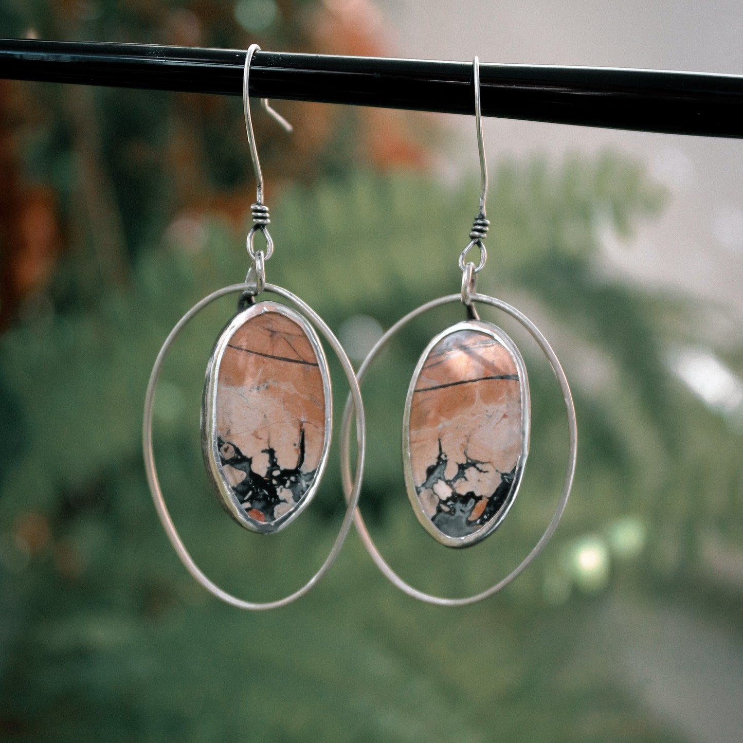Maligano Jasper Oval Sterling Silver Rotating Hoop Earring Pair with Patina