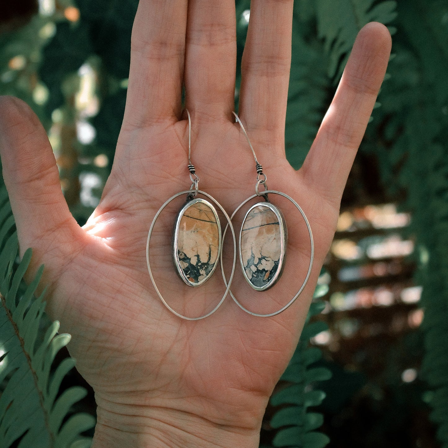 Maligano Jasper Oval Sterling Silver Rotating Hoop Earring Pair with Patina