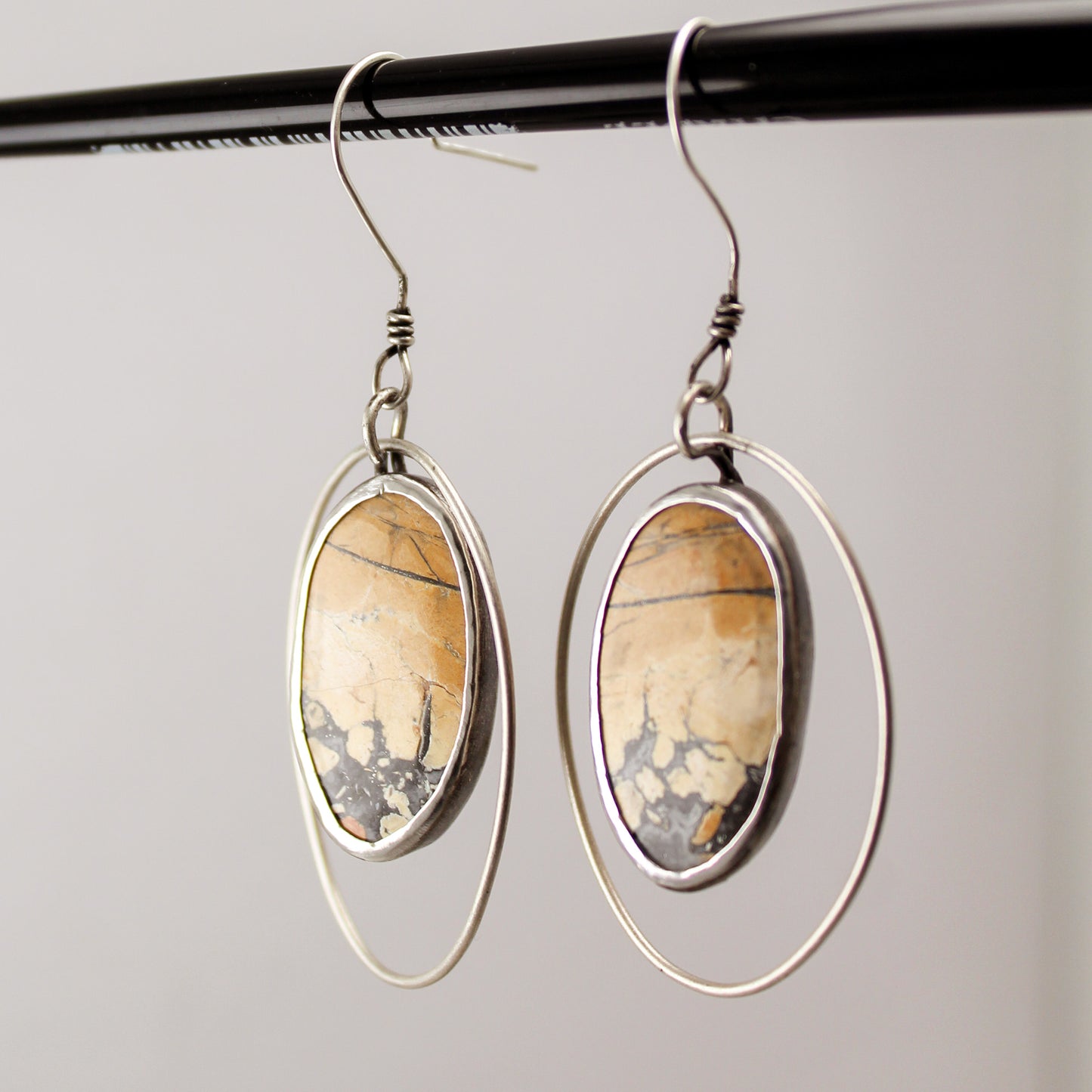 Maligano Jasper Oval Sterling Silver Rotating Hoop Earring Pair with Patina