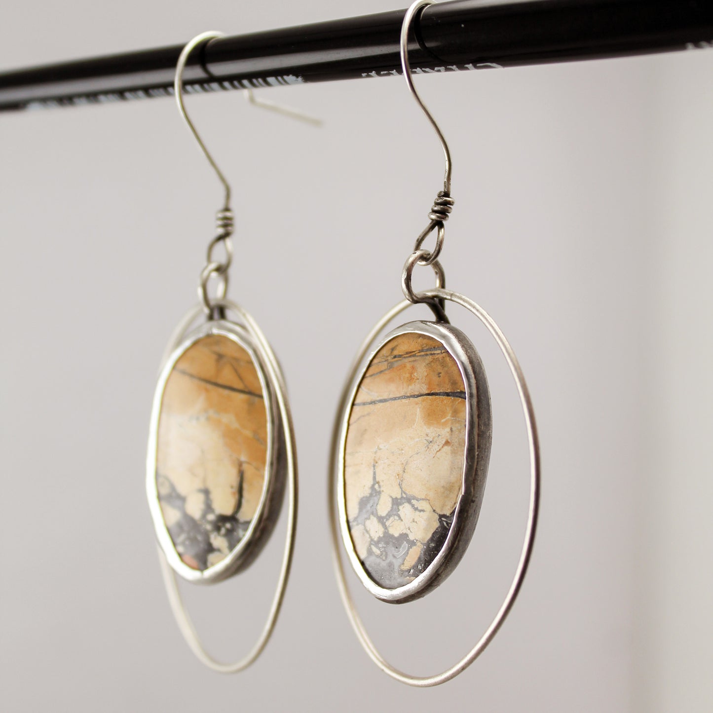 Maligano Jasper Oval Sterling Silver Rotating Hoop Earring Pair with Patina