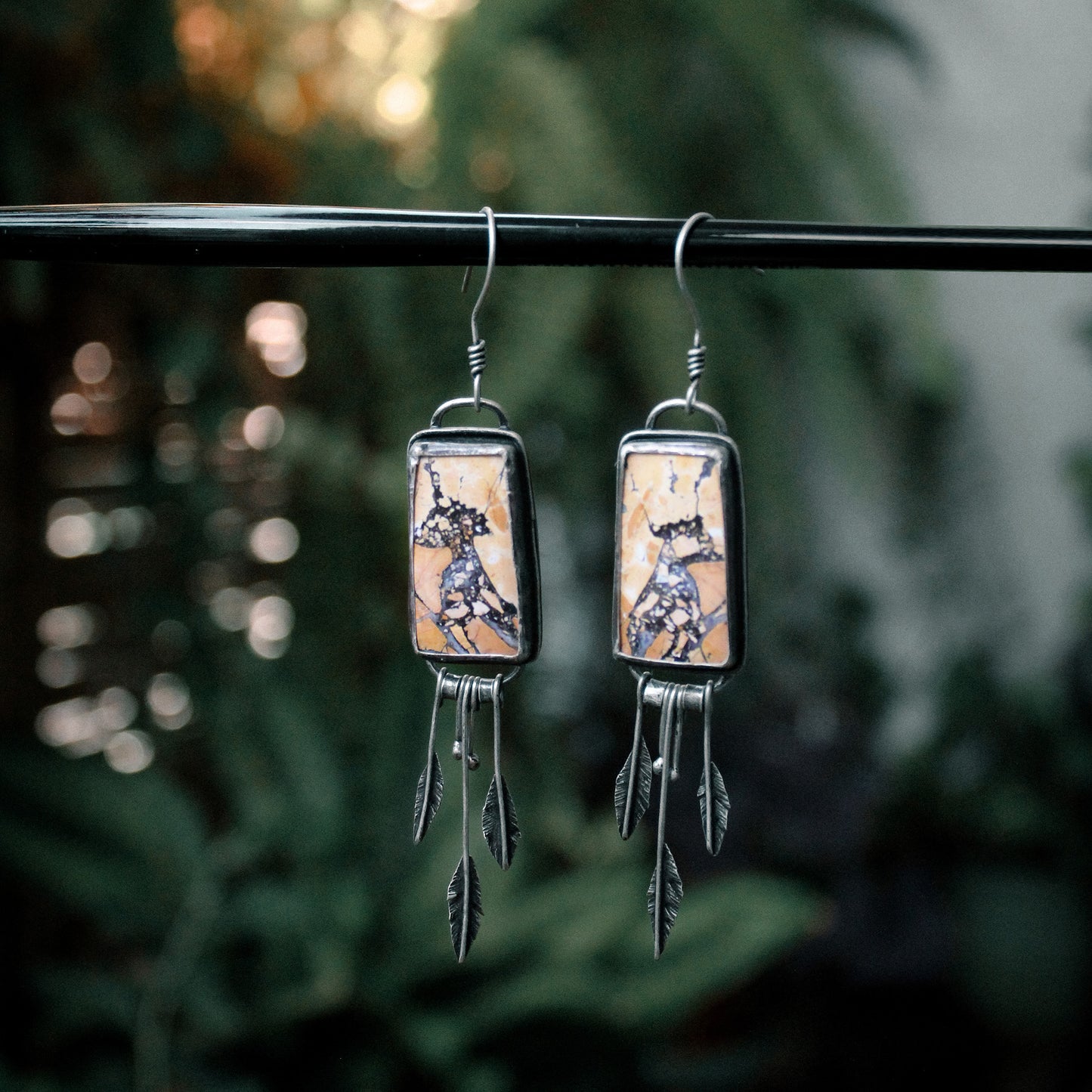 Maligano Jasper Rectangle Sterling Silver Feather Fringe Earring Pair with Patina