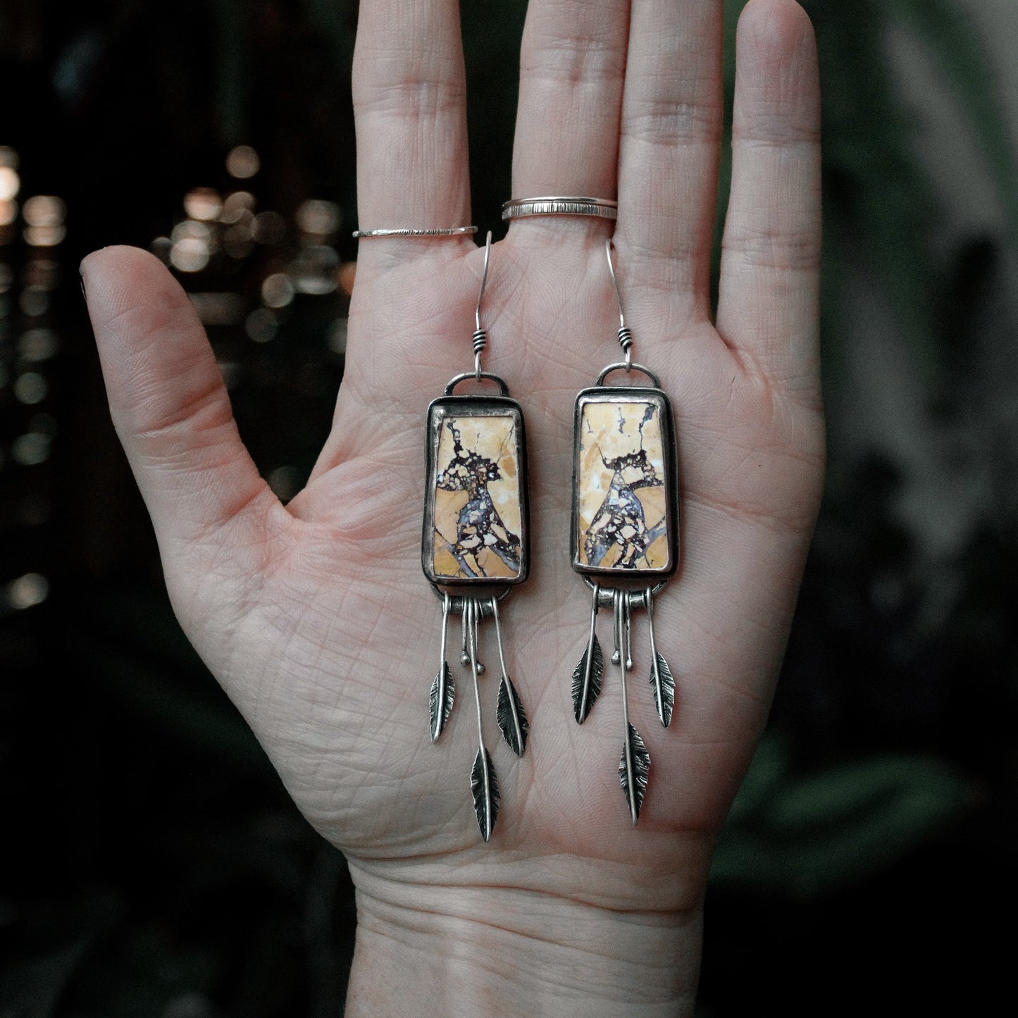 Maligano Jasper Rectangle Sterling Silver Feather Fringe Earring Pair with Patina