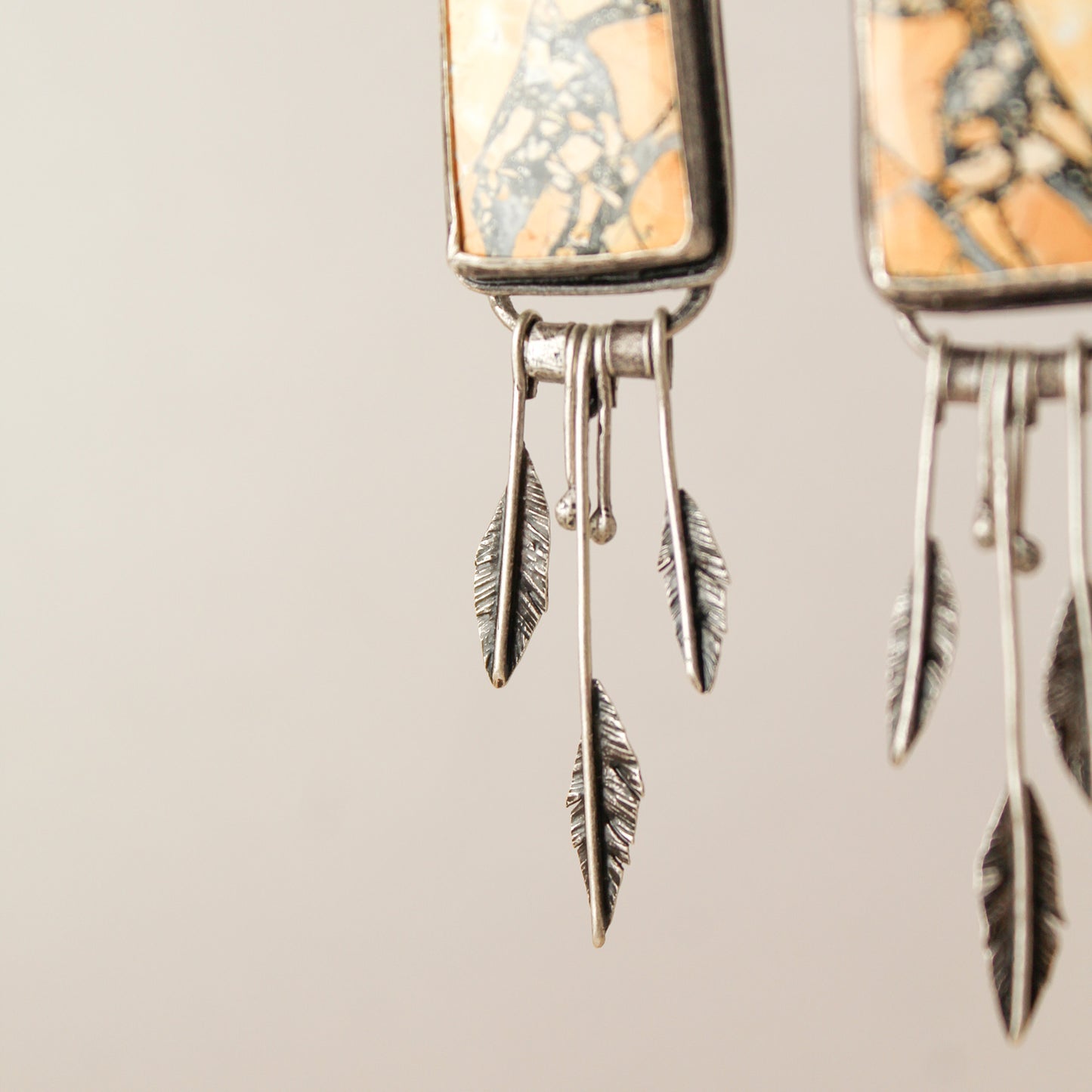 Maligano Jasper Rectangle Sterling Silver Feather Fringe Earring Pair with Patina