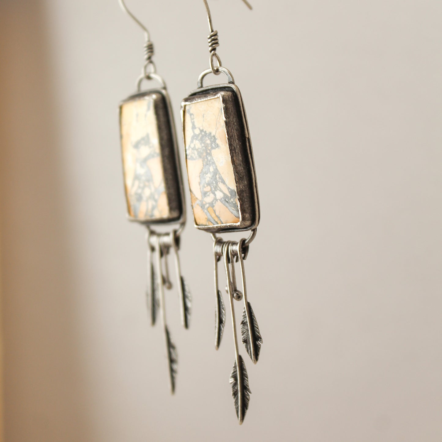 Maligano Jasper Rectangle Sterling Silver Feather Fringe Earring Pair with Patina