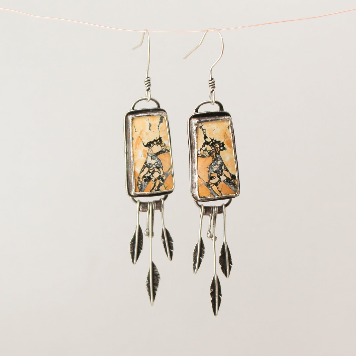 Maligano Jasper Rectangle Sterling Silver Feather Fringe Earring Pair with Patina