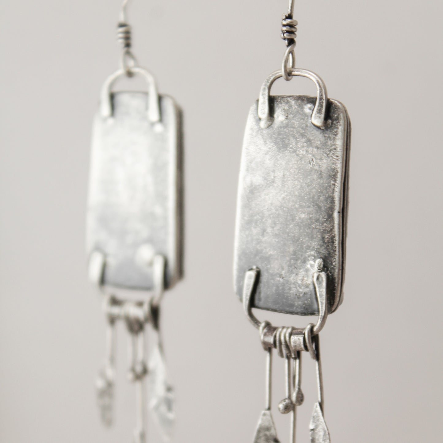 Maligano Jasper Rectangle Sterling Silver Feather Fringe Earring Pair with Patina