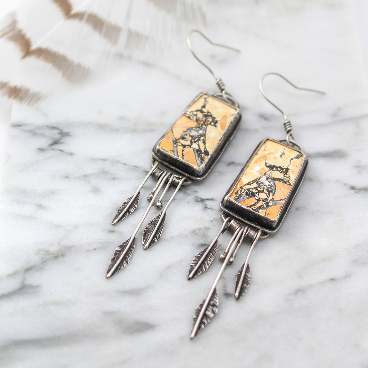 Maligano Jasper Rectangle Sterling Silver Feather Fringe Earring Pair with Patina