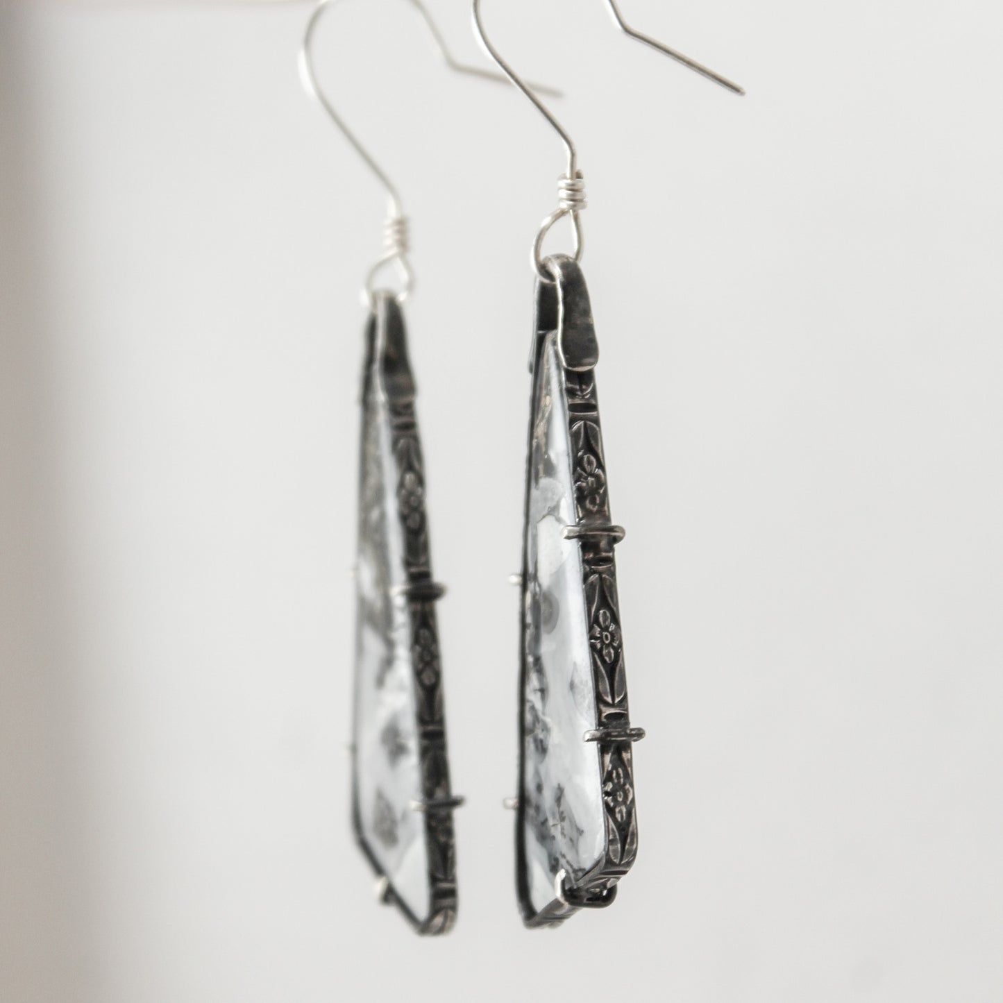 Maligano Jasper Triangle Drop Sterling Silver Designer Cut Pronged Earring Pair with Patina