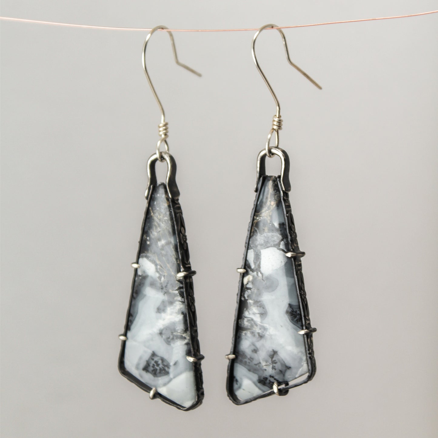Maligano Jasper Triangle Drop Sterling Silver Designer Cut Pronged Earring Pair with Patina