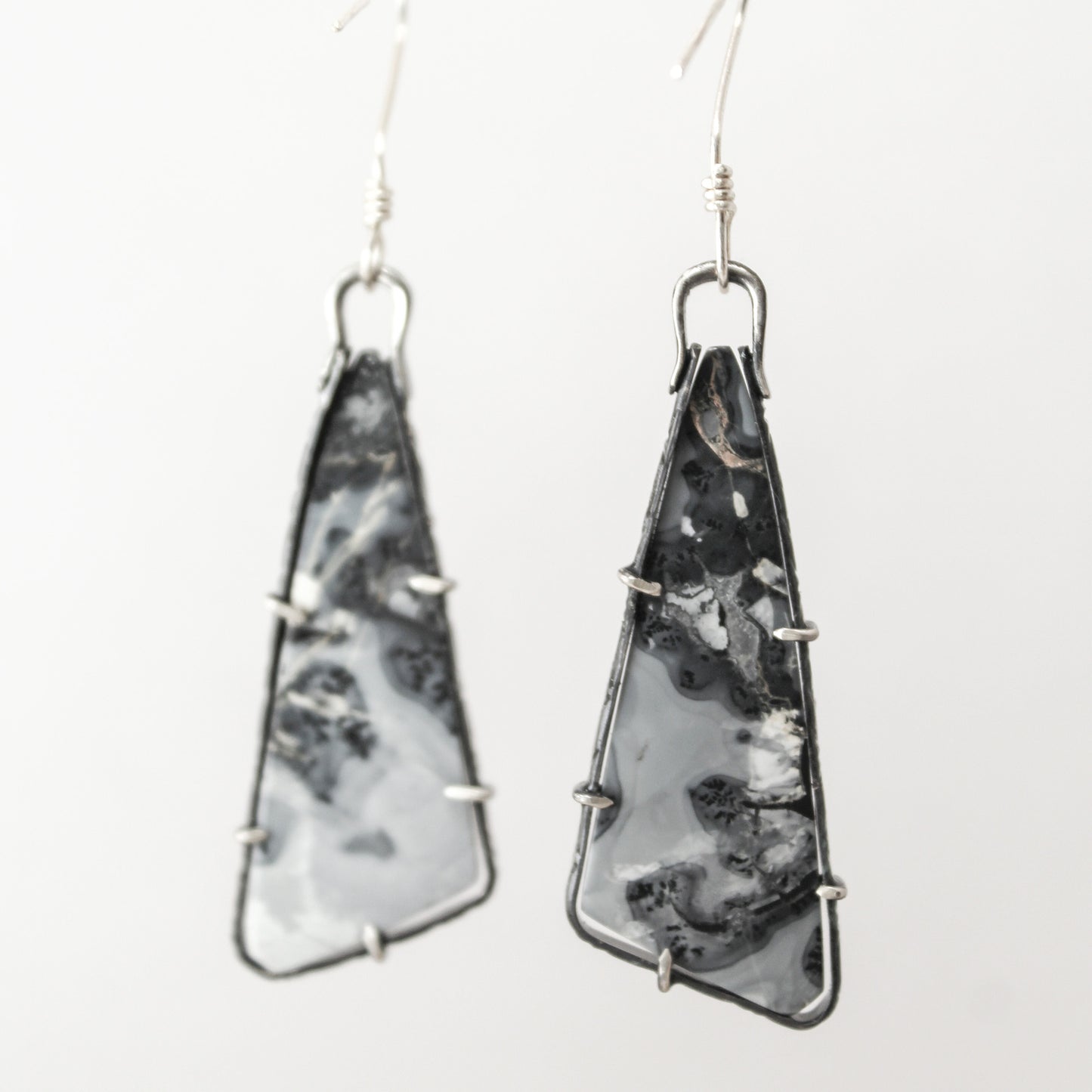 Maligano Jasper Triangle Drop Sterling Silver Designer Cut Pronged Earring Pair with Patina