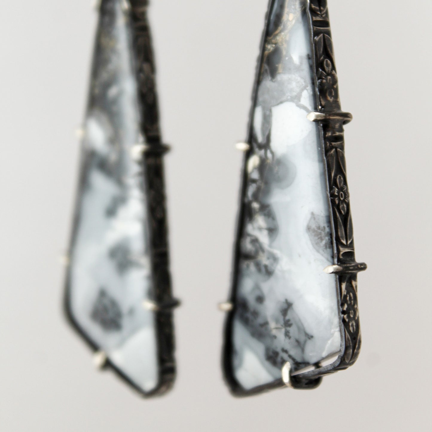 Maligano Jasper Triangle Drop Sterling Silver Designer Cut Pronged Earring Pair with Patina