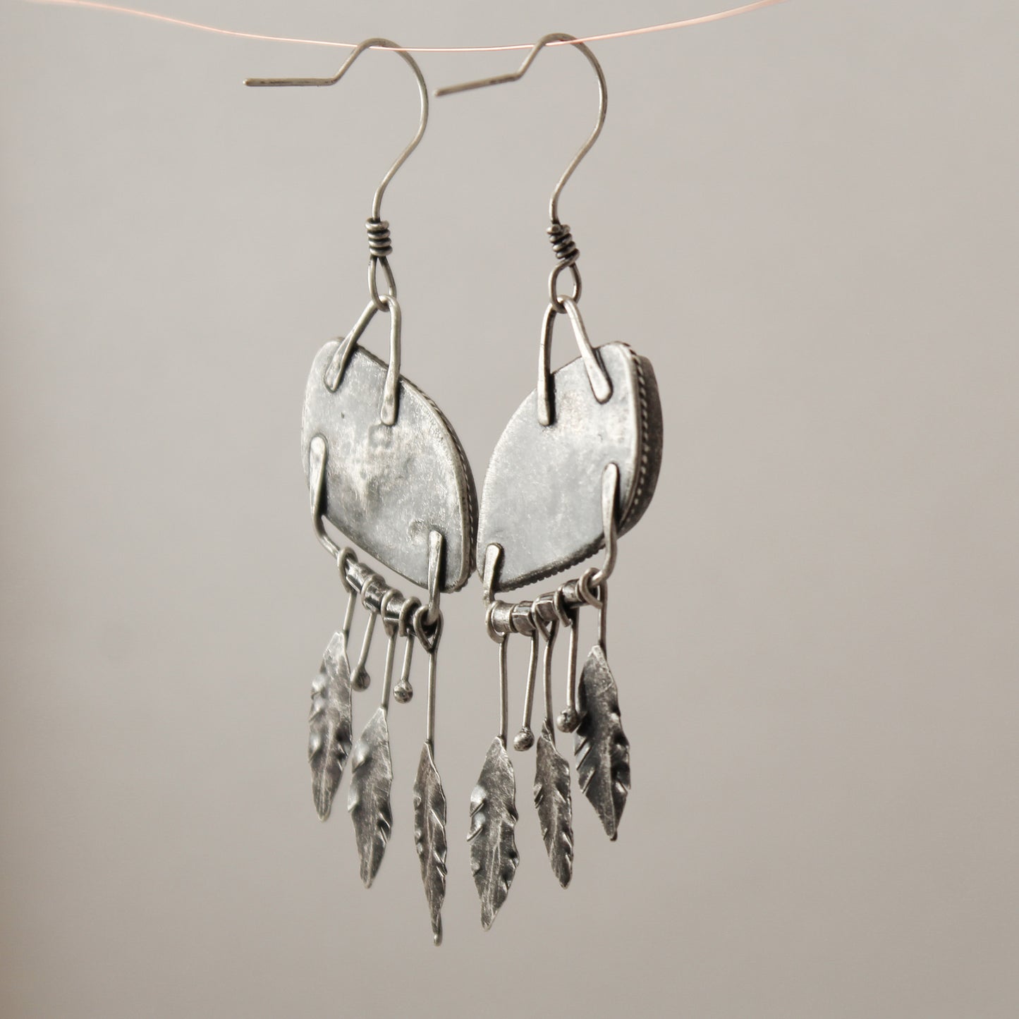 Maligano Jasper Wide ‘S’ Drop Sterling Silver Feather Fringe Earring Pair with Patina