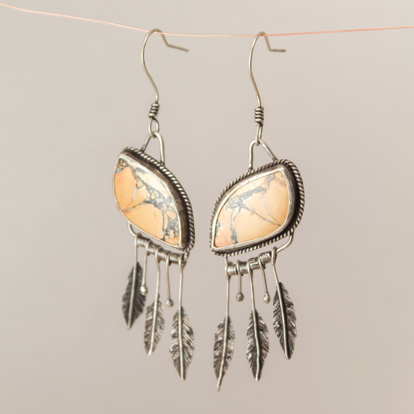 Maligano Jasper Wide ‘S’ Drop Sterling Silver Feather Fringe Earring Pair with Patina