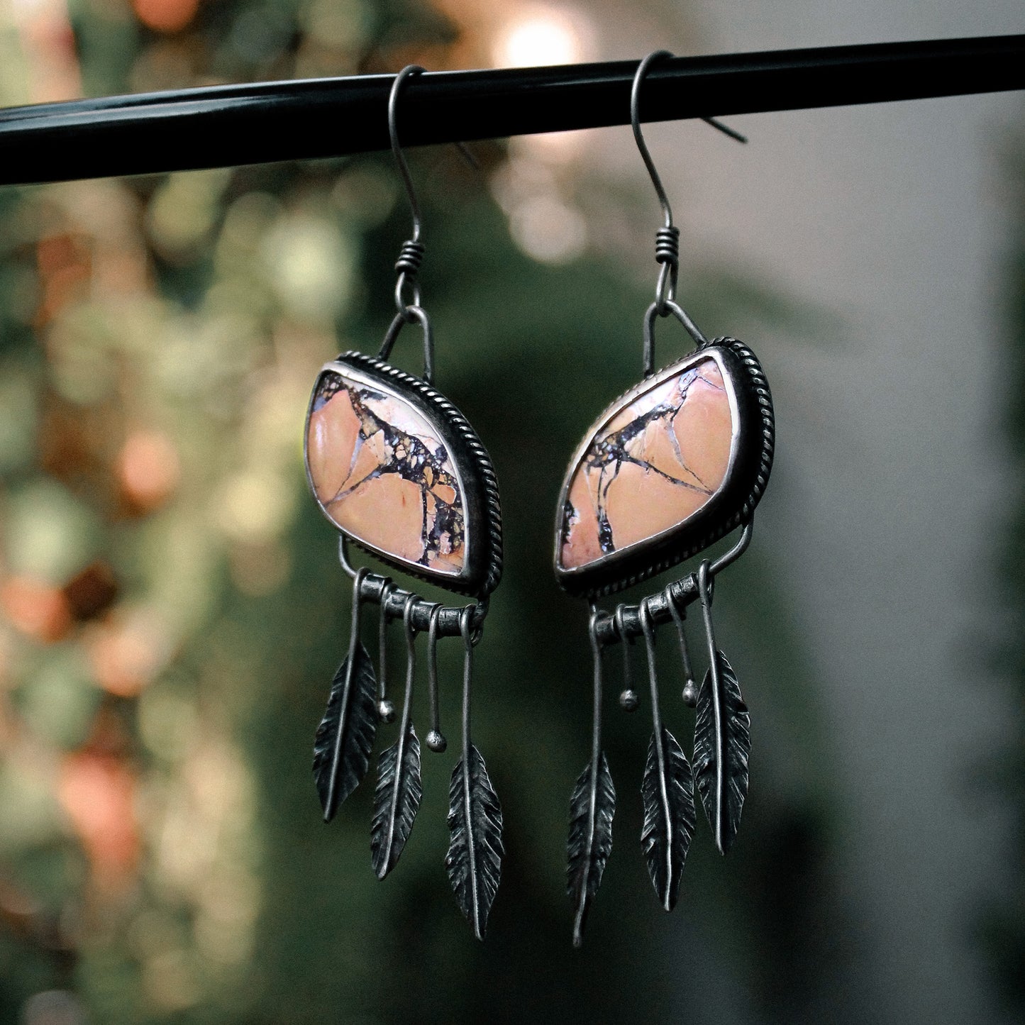 Maligano Jasper Wide ‘S’ Drop Sterling Silver Feather Fringe Earring Pair with Patina