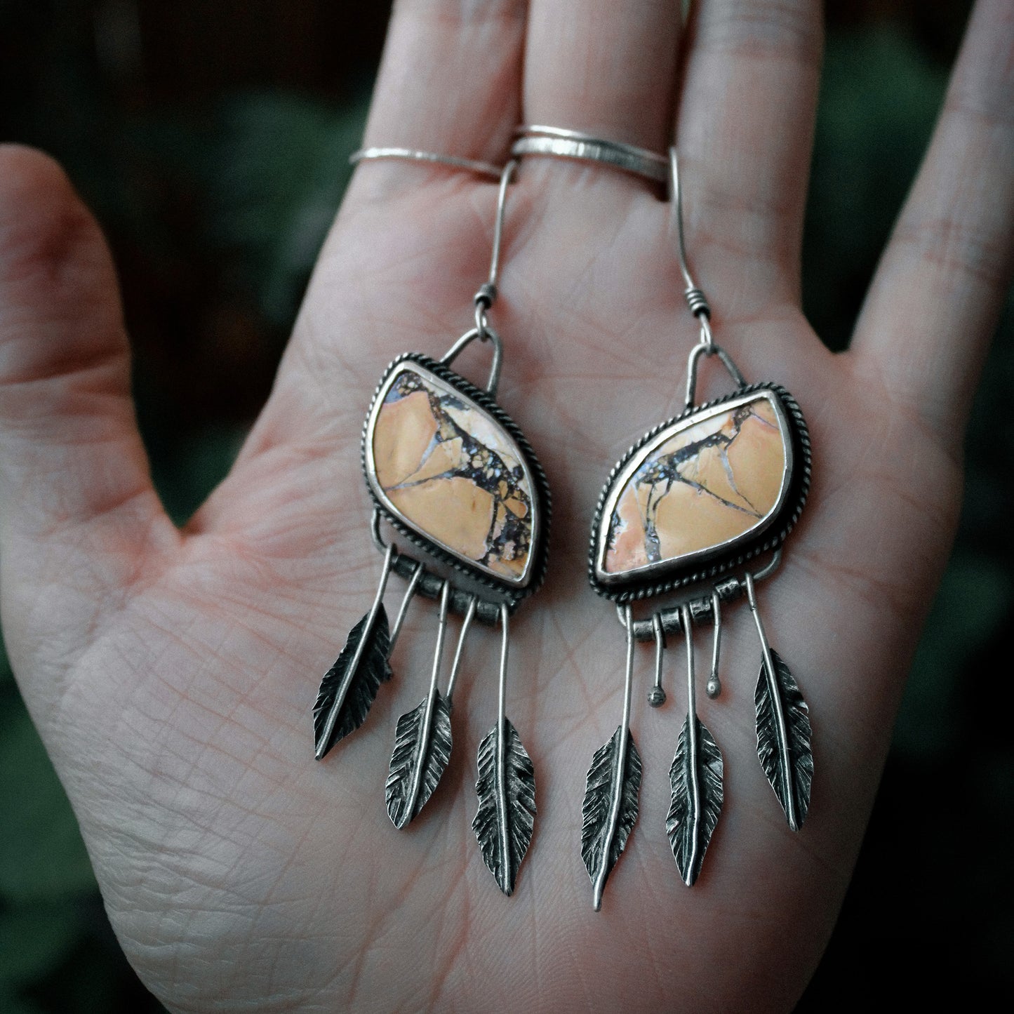 Maligano Jasper Wide ‘S’ Drop Sterling Silver Feather Fringe Earring Pair with Patina