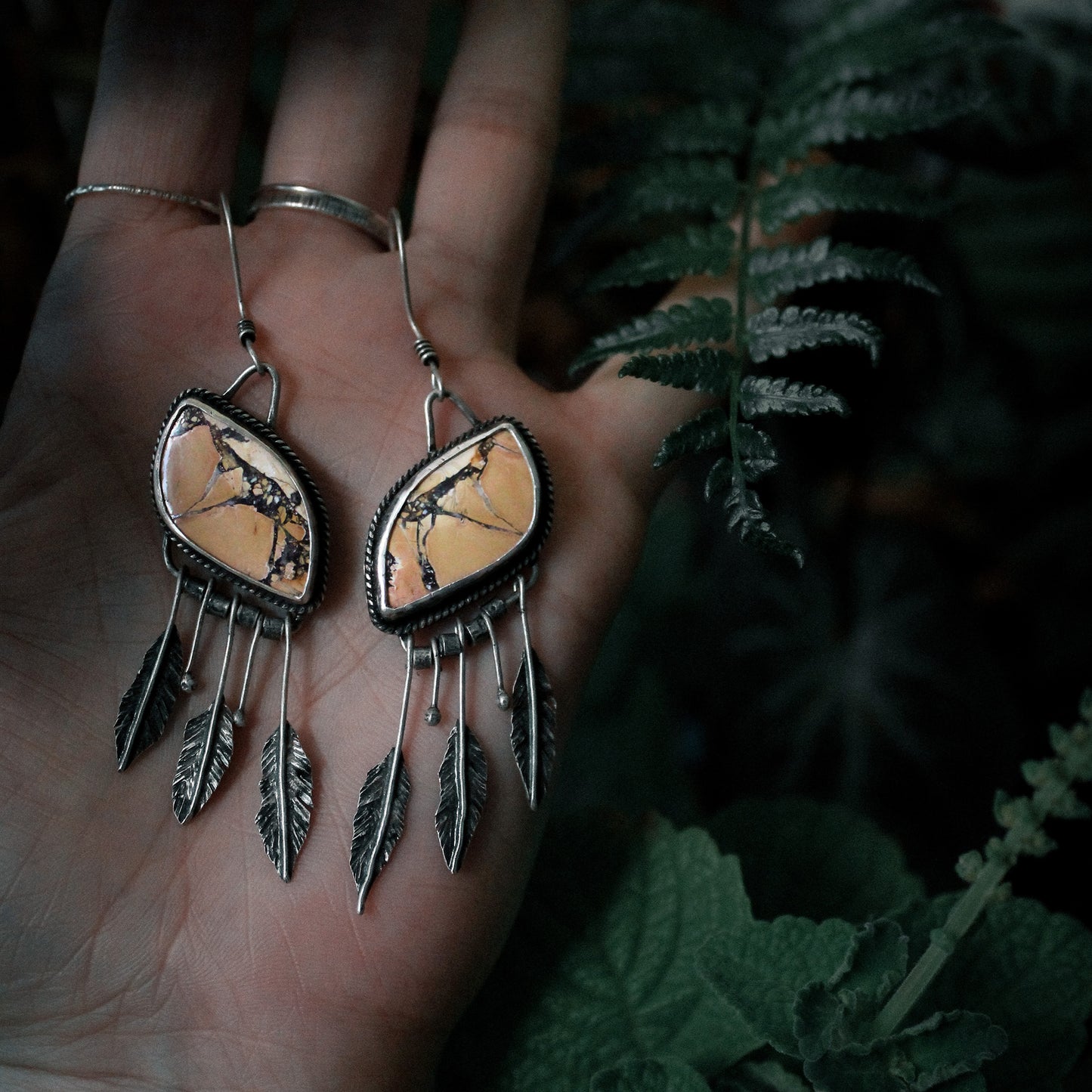 Maligano Jasper Wide ‘S’ Drop Sterling Silver Feather Fringe Earring Pair with Patina