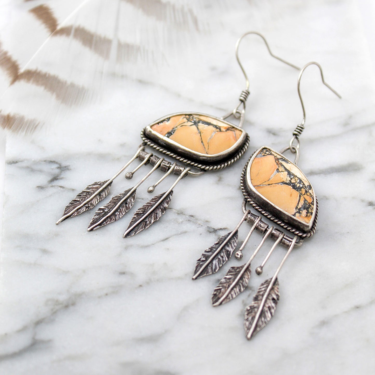 Maligano Jasper Wide ‘S’ Drop Sterling Silver Feather Fringe Earring Pair with Patina