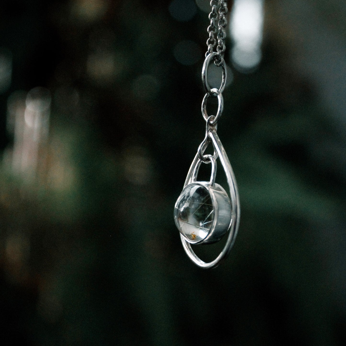 ‘Dew Drop’ Pendant in Sterling Silver with Rutilated Quartz Sphere