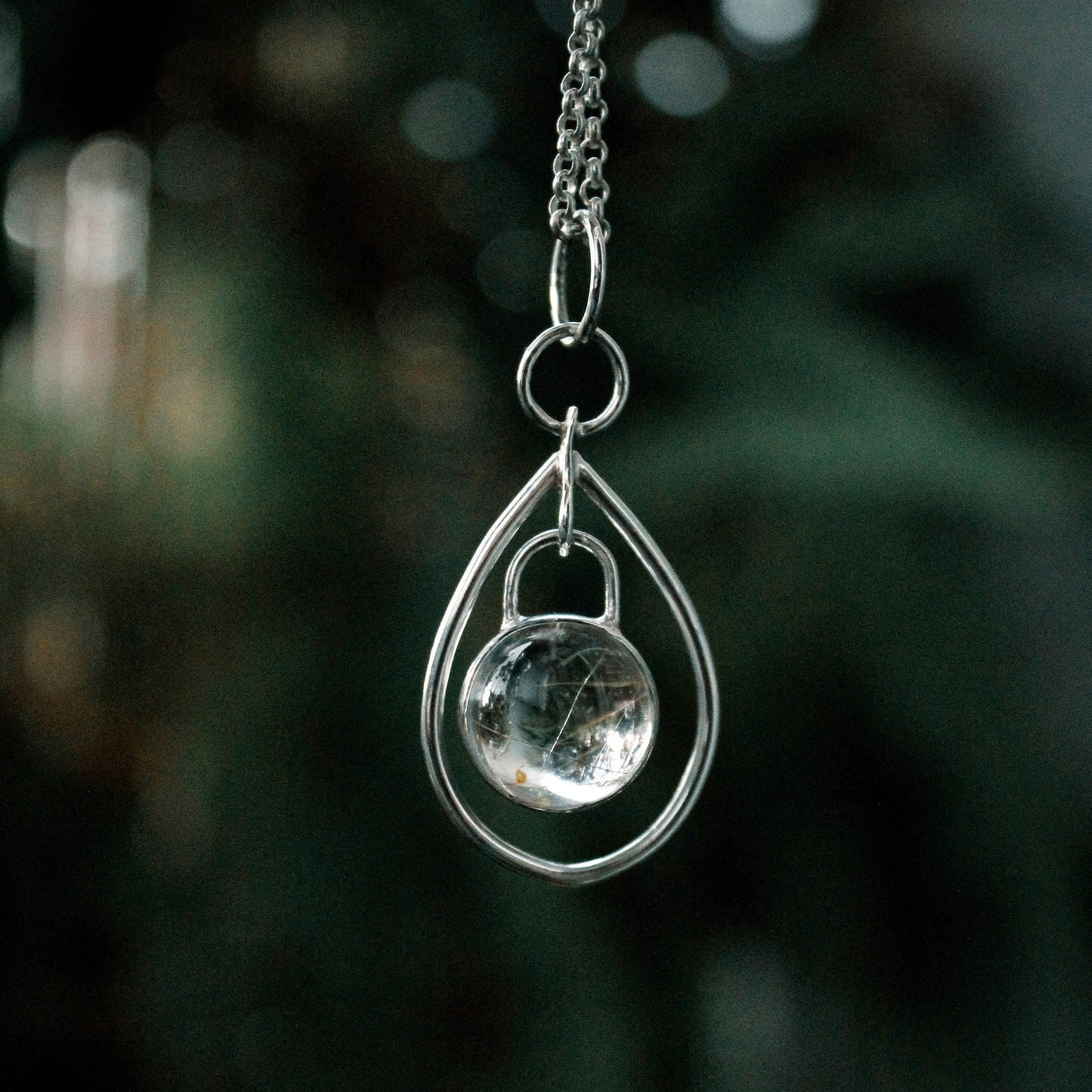 ‘Dew Drop’ Pendant in Sterling Silver with Rutilated Quartz Sphere