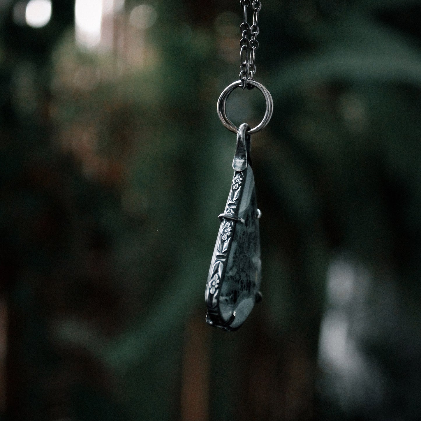 Maligano Jasper Pear Drop Sterling Silver Designer Cut Pronged Pendant with Patina