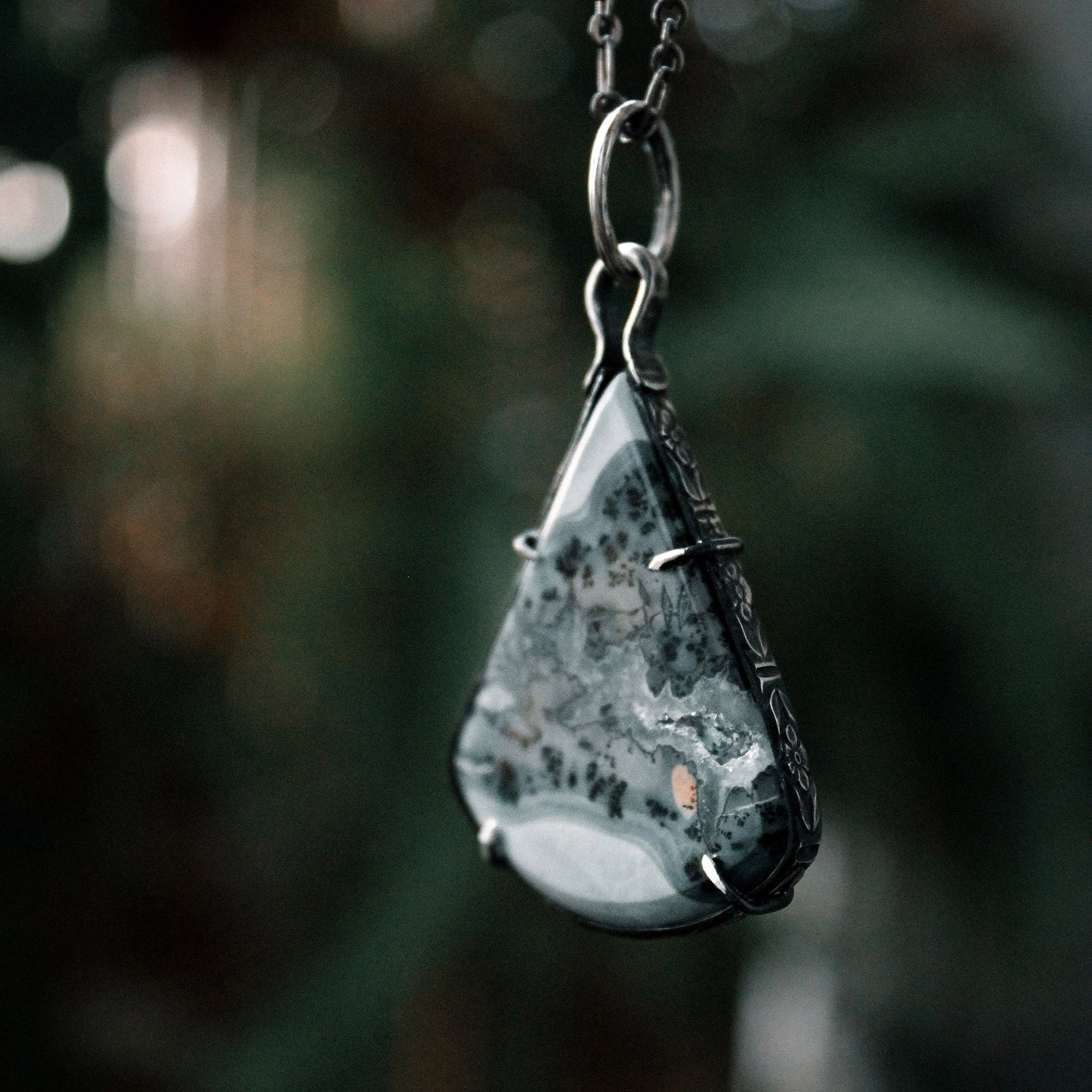 Maligano Jasper Pear Drop Sterling Silver Designer Cut Pronged Pendant with Patina