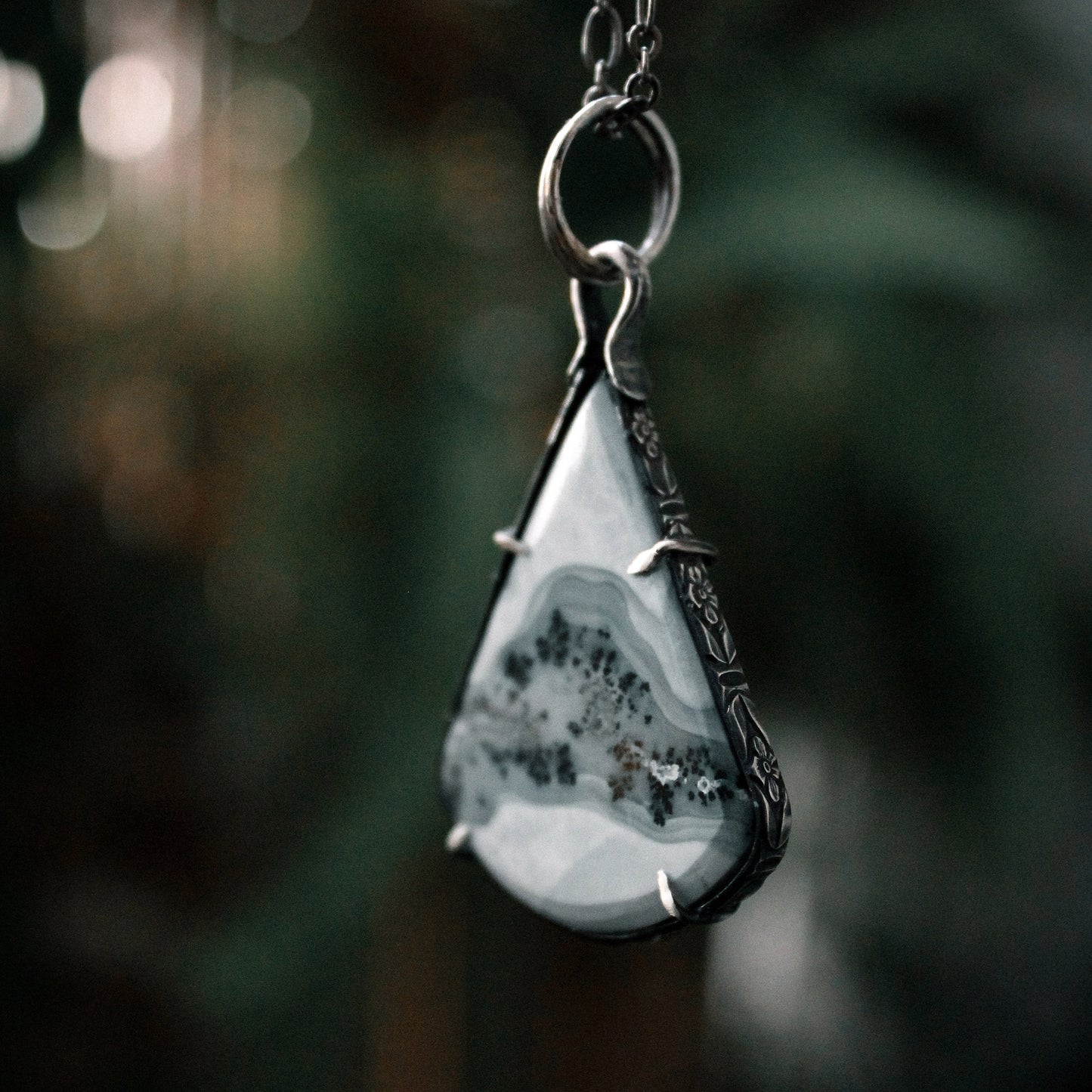 Maligano Jasper Pear Drop Sterling Silver Designer Cut Pronged Pendant with Patina