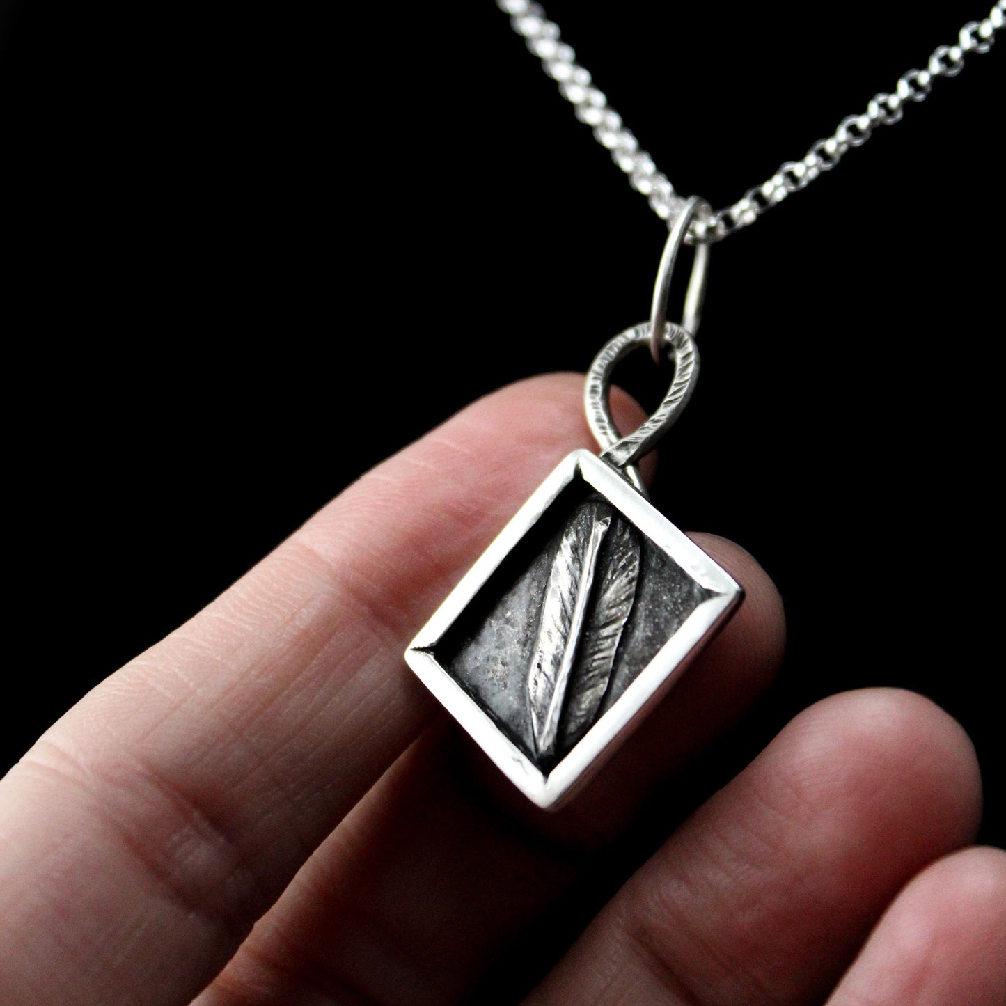 Feather Shadowbox Sterling Silver Pendant with Patina