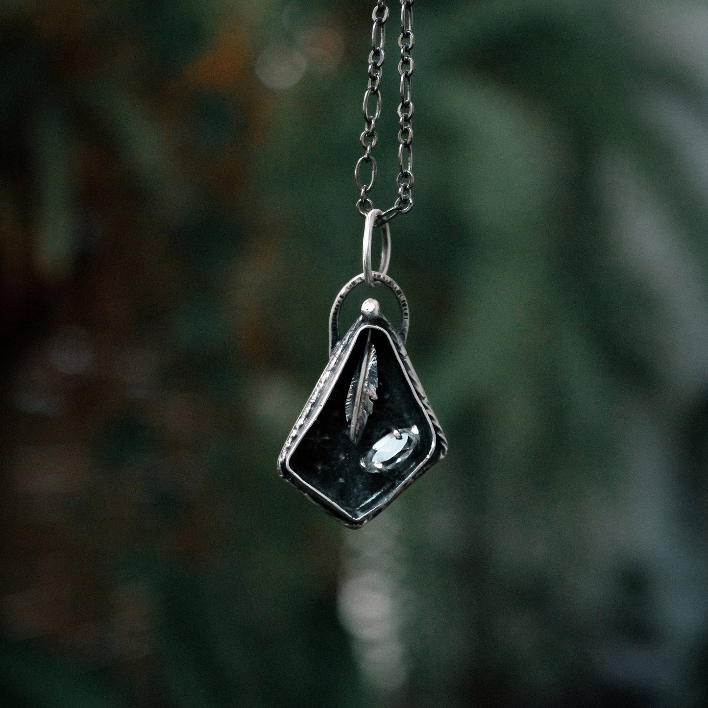 Feather Shadowbox Sterling Silver Pendant with Quartz Marquis Stone with Patina