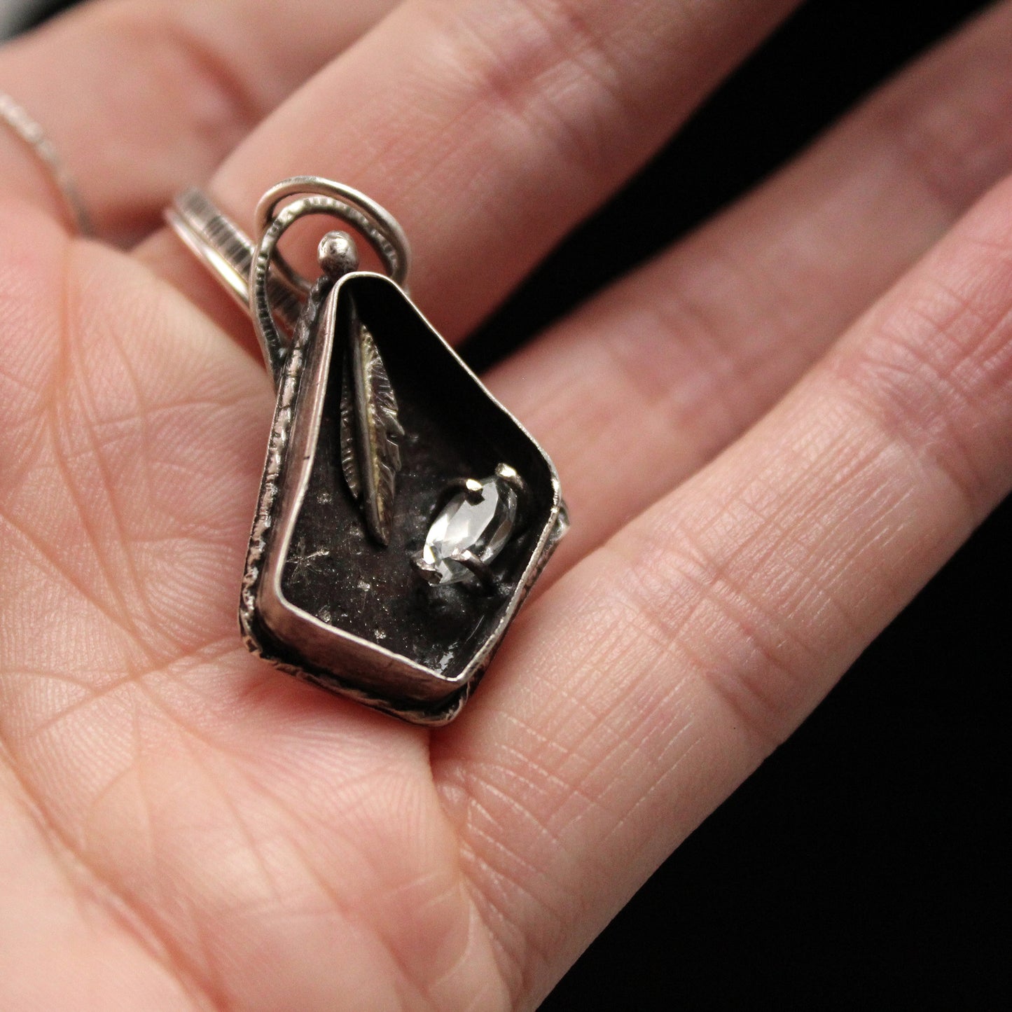 Feather Shadowbox Sterling Silver Pendant with Quartz Marquis Stone with Patina