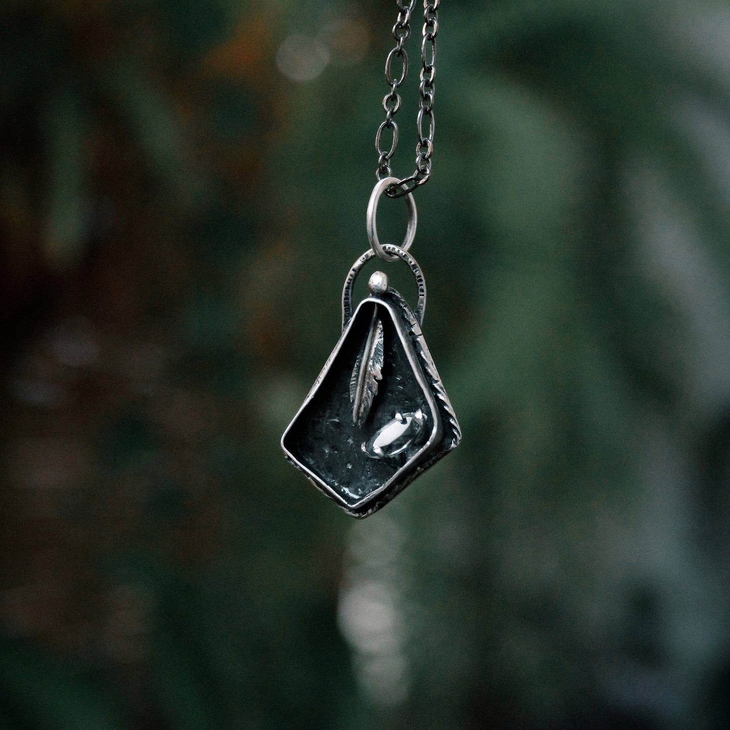 Feather Shadowbox Sterling Silver Pendant with Quartz Marquis Stone with Patina