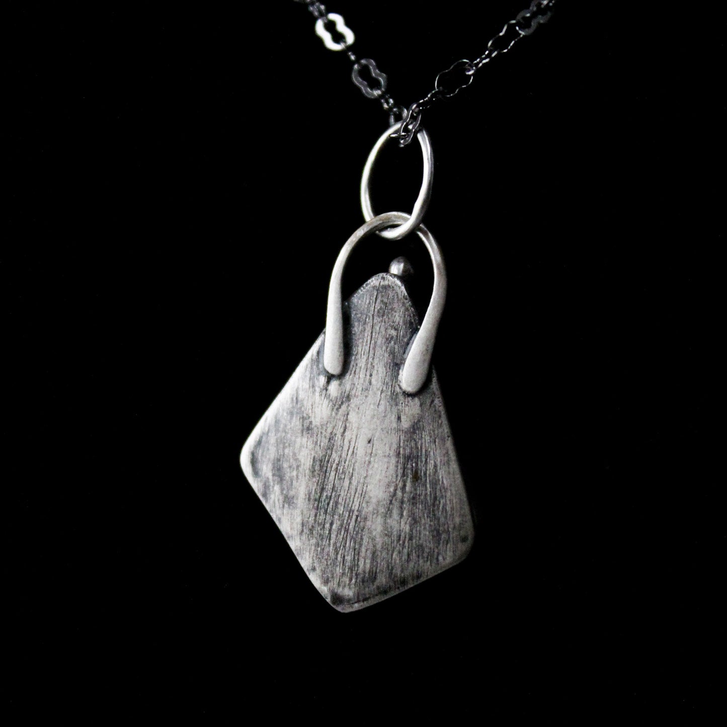Feather Shadowbox Sterling Silver Pendant with Quartz Marquis Stone with Patina